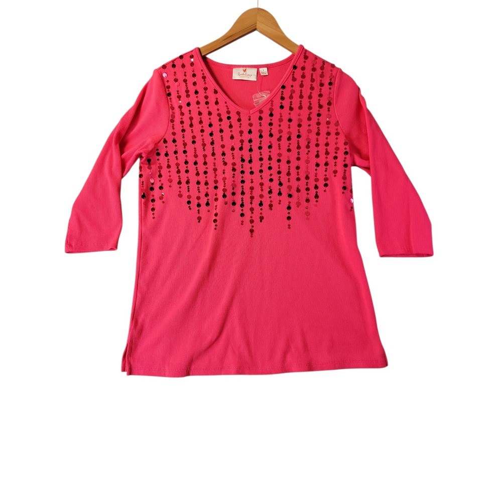 Quacker Factory Womens S Pink Sequin V Neck Ribbed Knit Top 3/4 Sleeve NWOT
